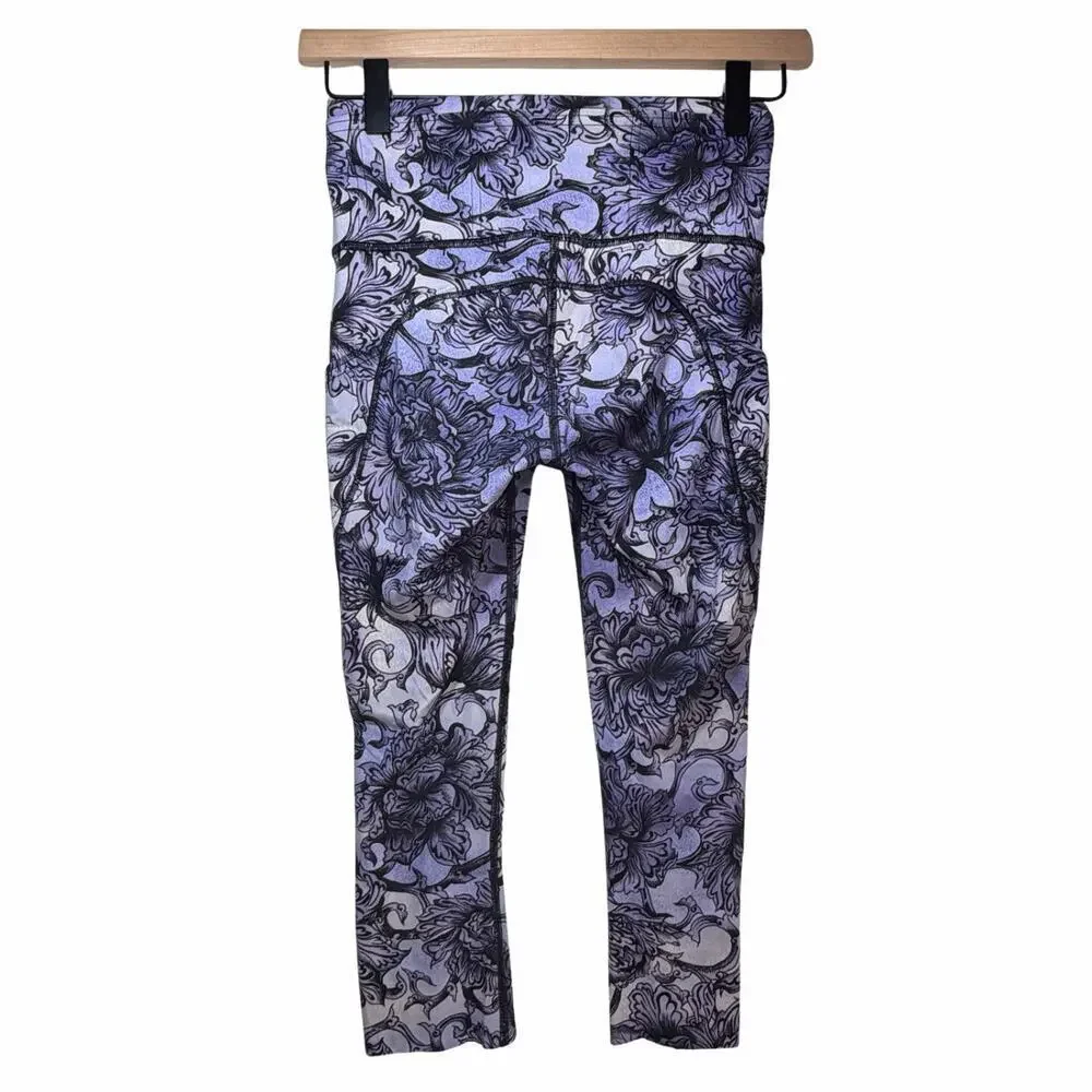 Lululemon Fast Free Hanakotoba Starlight Crop II Purple Floral Leggings Run 4